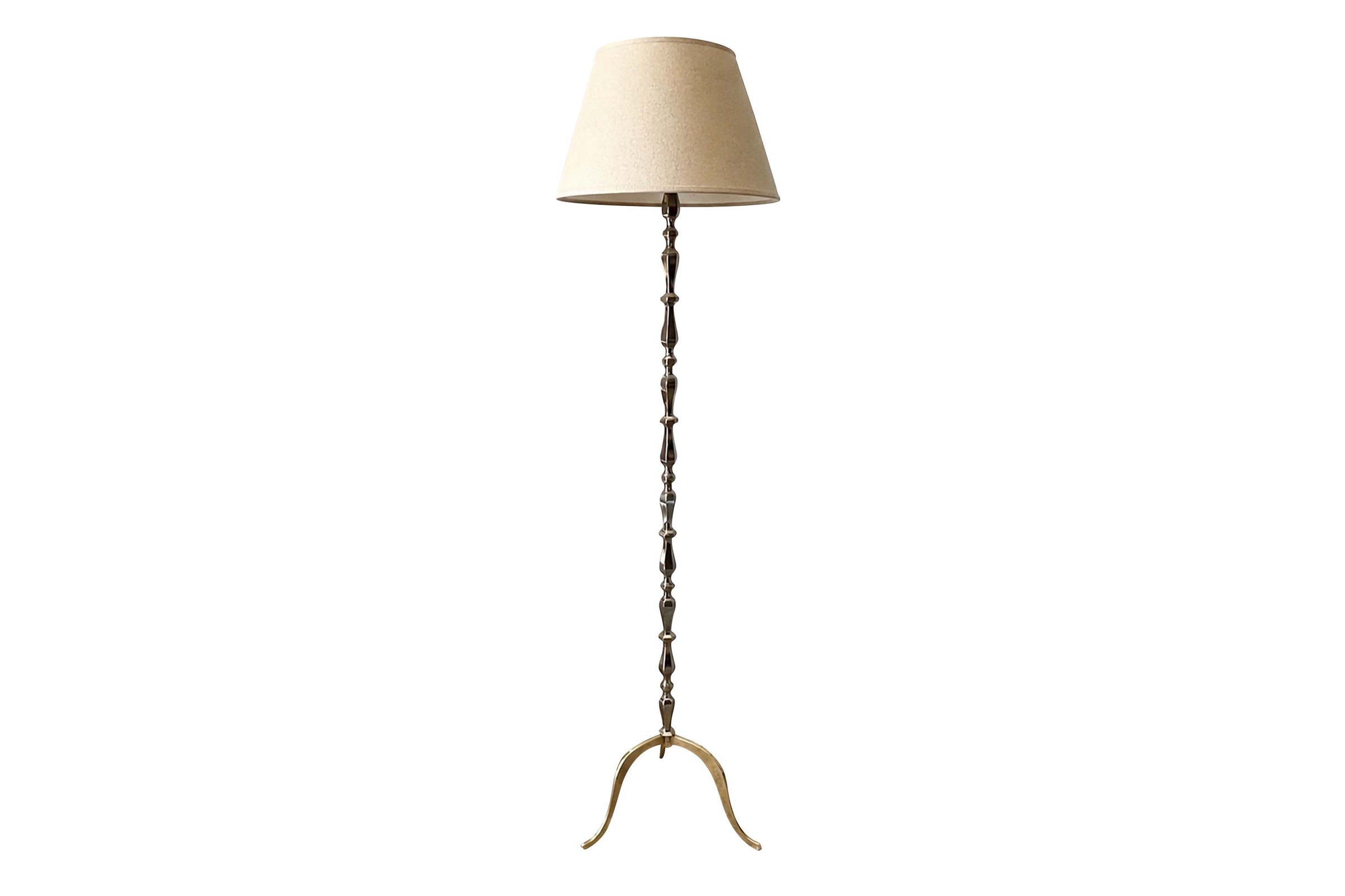 Mid-Century French Nickel-Plated Brass Floor Lamp on Brass Tripod Base