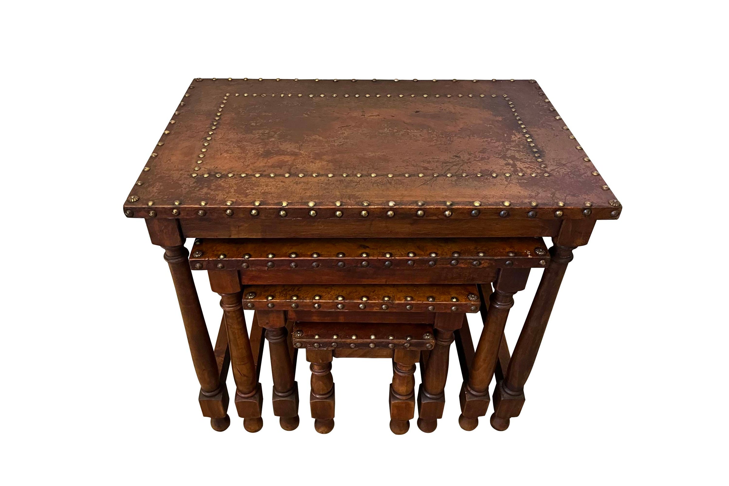20th Century Spanish Leather & Brass Studded Nest of Four Tables