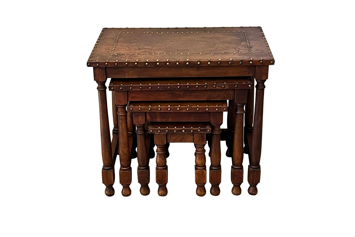 20th Century Spanish Leather & Brass Studded Nest of Four Tables