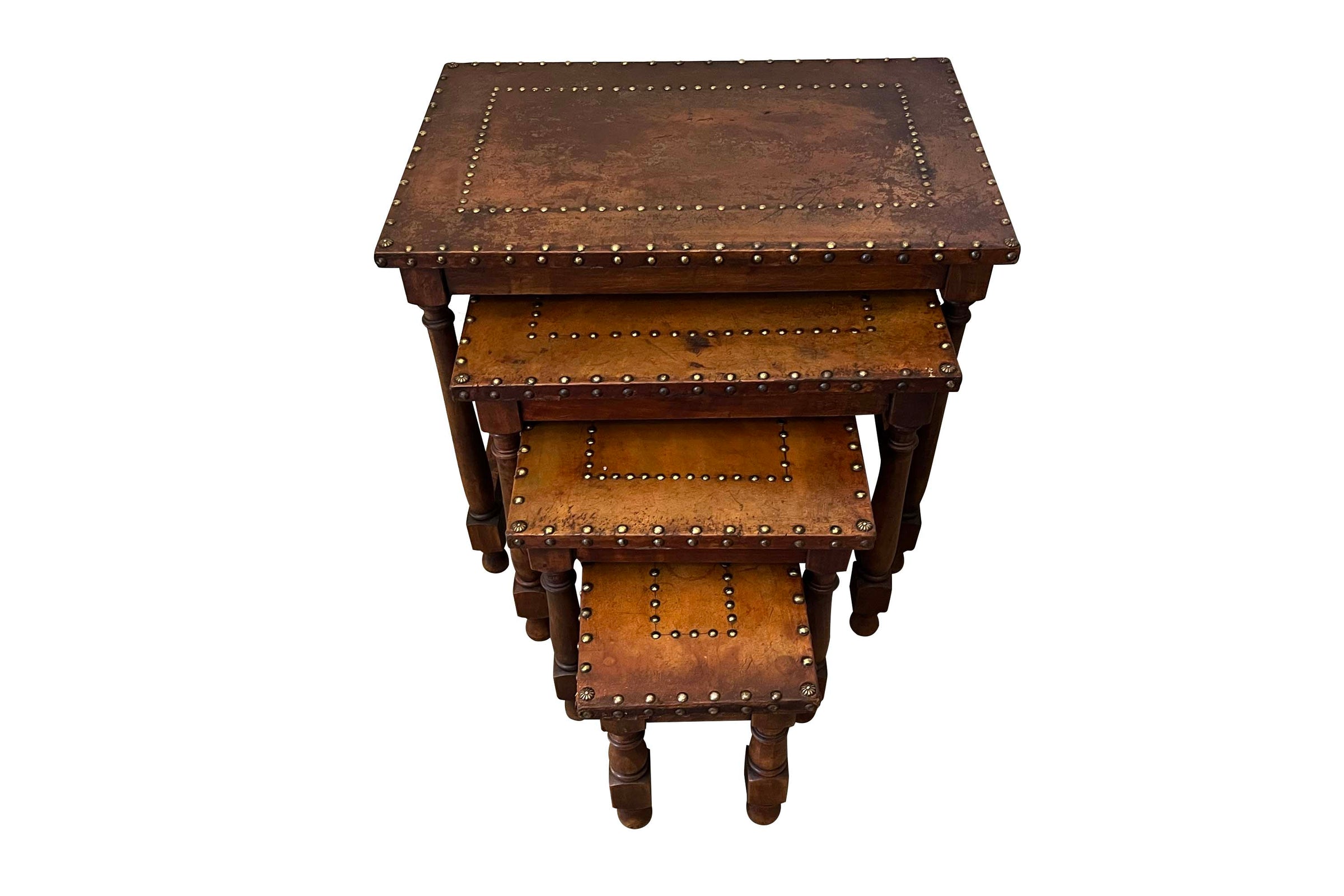 20th Century Spanish Leather & Brass Studded Nest of Four Tables