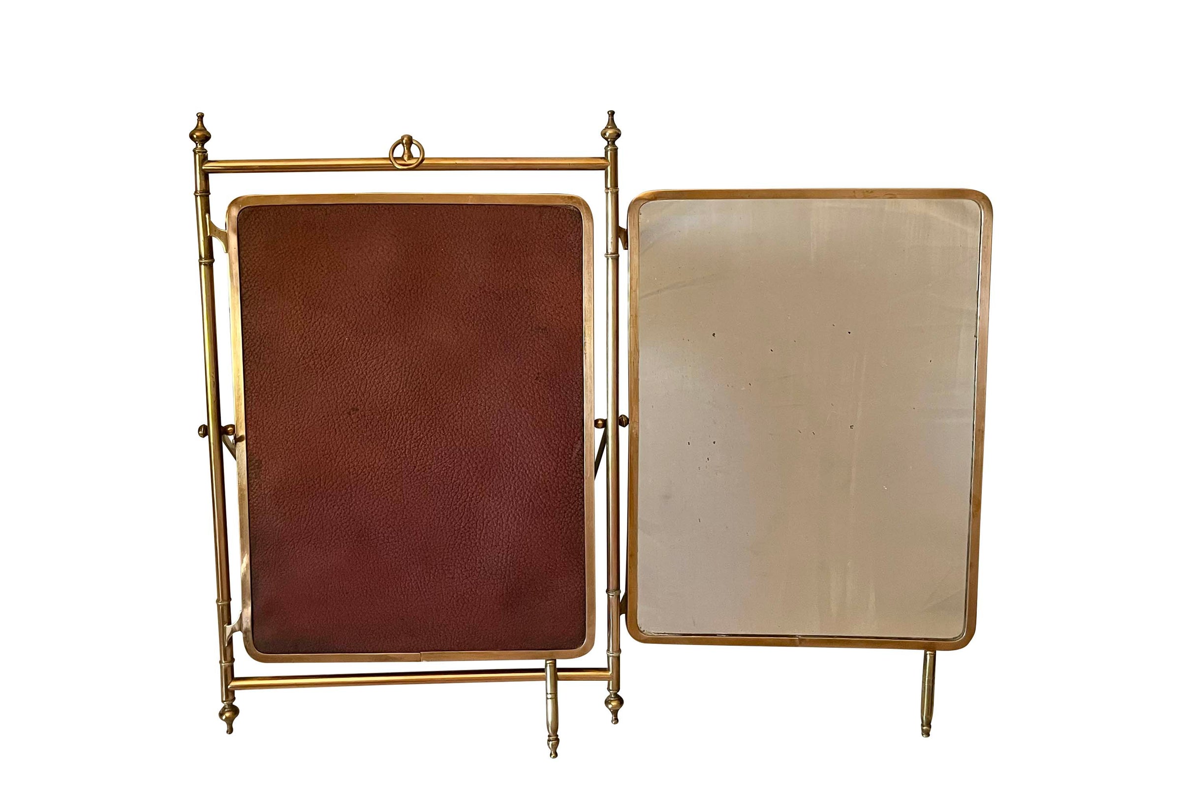 Late 19th Century French Brass and Leather Triptych Dressing Mirror