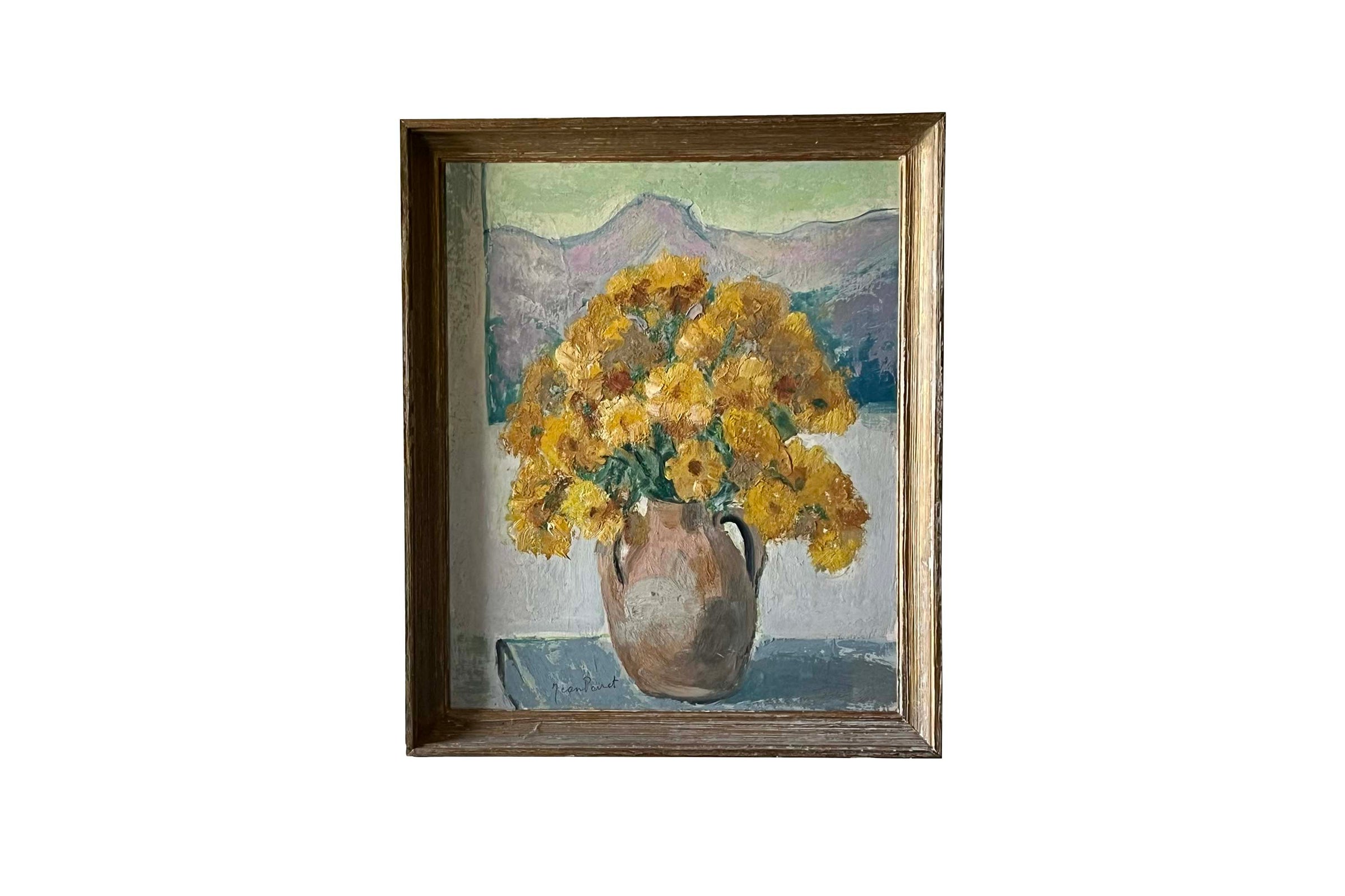 Mid-Century French Still Life Painting with Yellow Flowers by Jean Perret