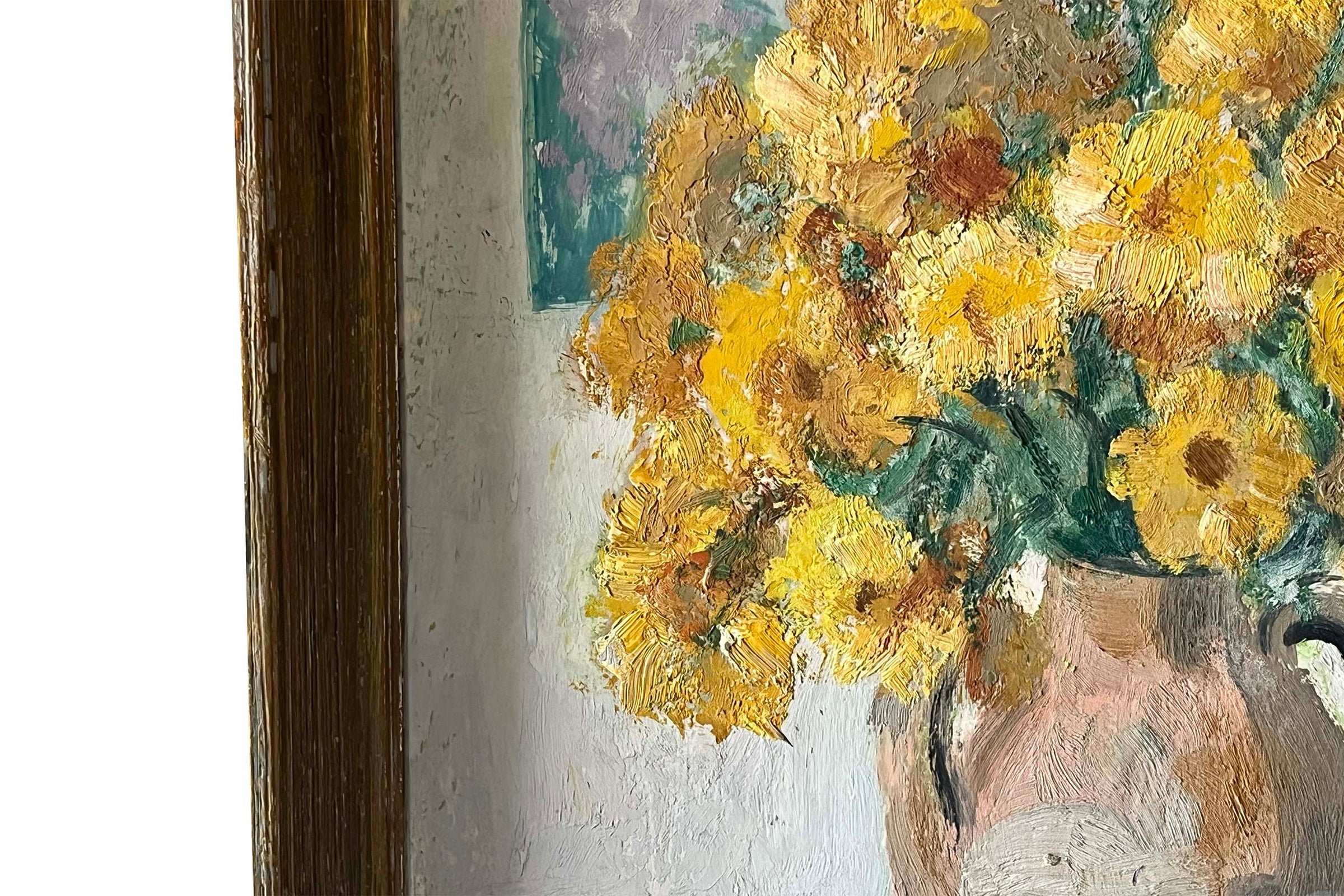Mid-Century French Still Life Painting with Yellow Flowers by Jean Perret