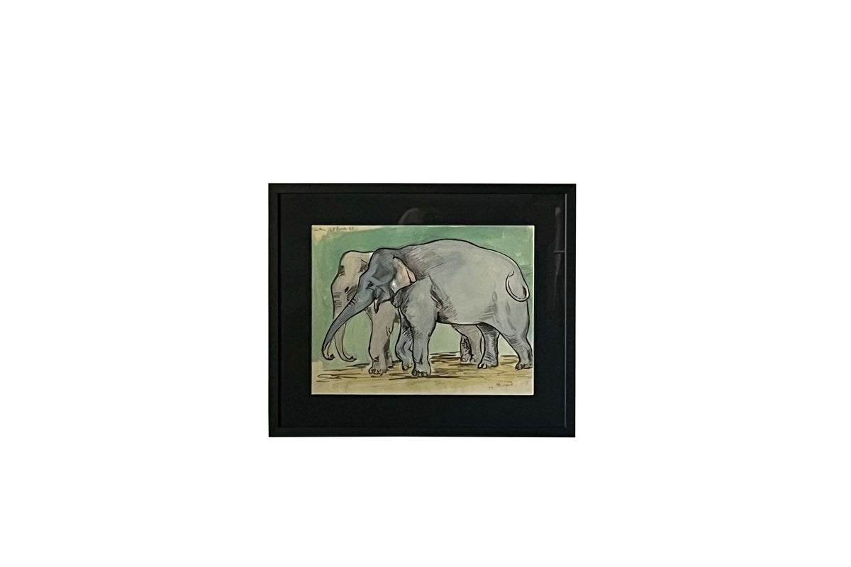A charming and evocative 20th Century French watercolour and ink study depicting a pair of elephants from the celebrated French 'Circus Pinder'.
