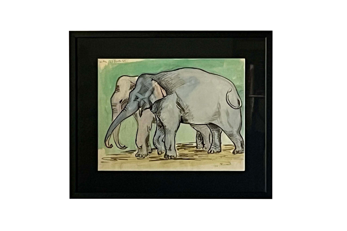 A charming and evocative 20th Century French watercolour and ink study depicting a pair of elephants from the celebrated French 'Circus Pinder'.