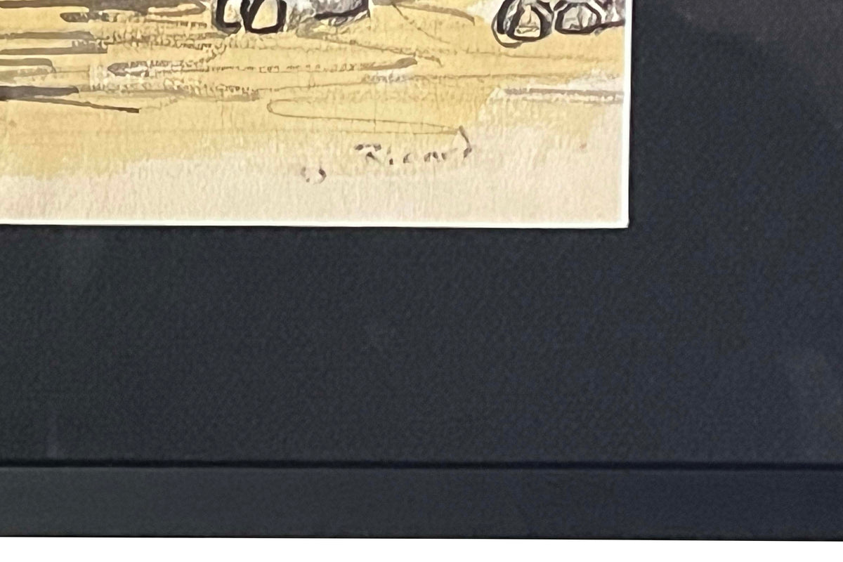 A charming and evocative 20th Century French watercolour and ink study depicting a pair of elephants from the celebrated French 'Circus Pinder'.