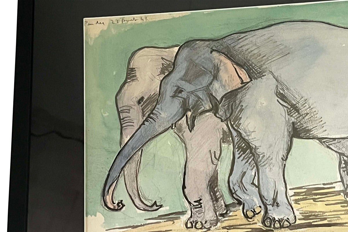 A charming and evocative 20th Century French watercolour and ink study depicting a pair of elephants from the celebrated French 'Circus Pinder'.