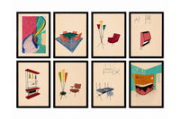 Collection of Eight Mid-Century Modern Interior & Furniture Design Watercolours by Anfossi