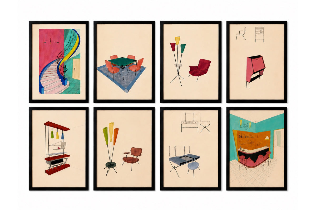 Collection of Eight Mid-Century Modern Interior & Furniture Design Watercolours by Anfossi