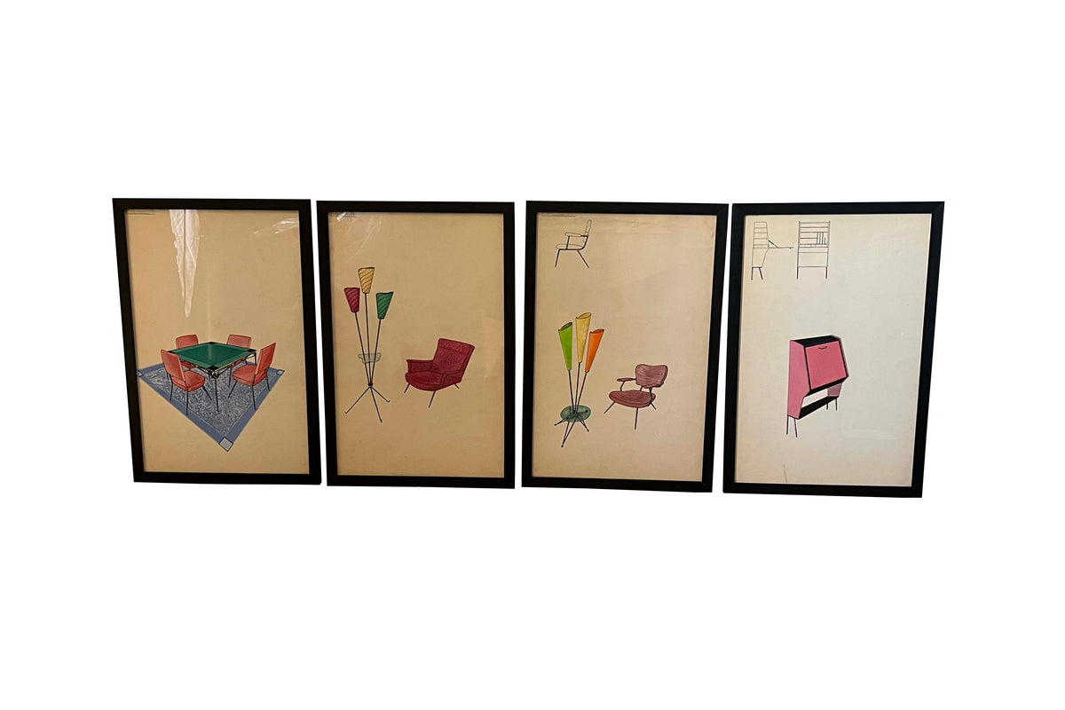 Collection of Eight Mid-Century Modern Interior & Furniture Design Watercolours by Anfossi