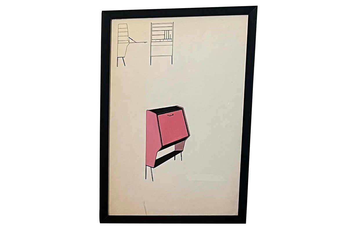 Collection of Eight Mid-Century Modern Interior & Furniture Design Watercolours by Anfossi