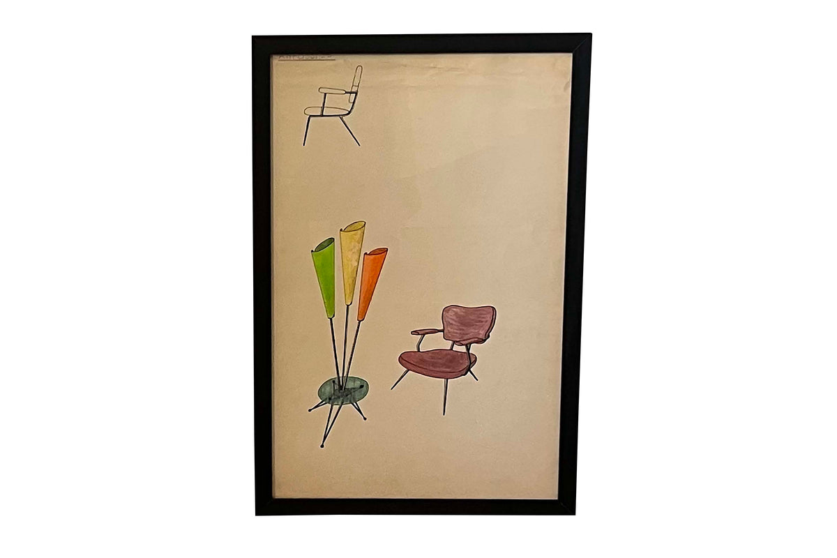 Collection of Eight Mid-Century Modern Interior & Furniture Design Watercolours by Anfossi