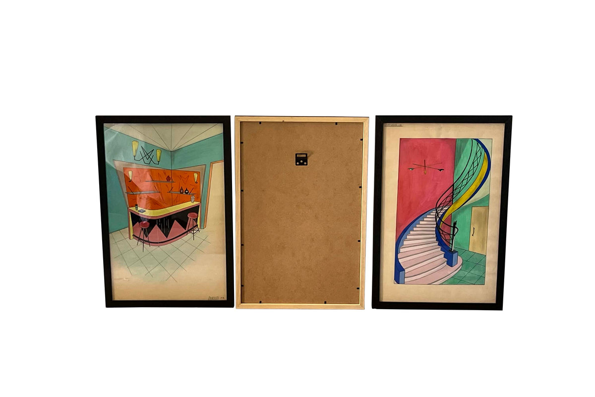 Collection of Eight Mid-Century Modern Interior & Furniture Design Watercolours by Anfossi
