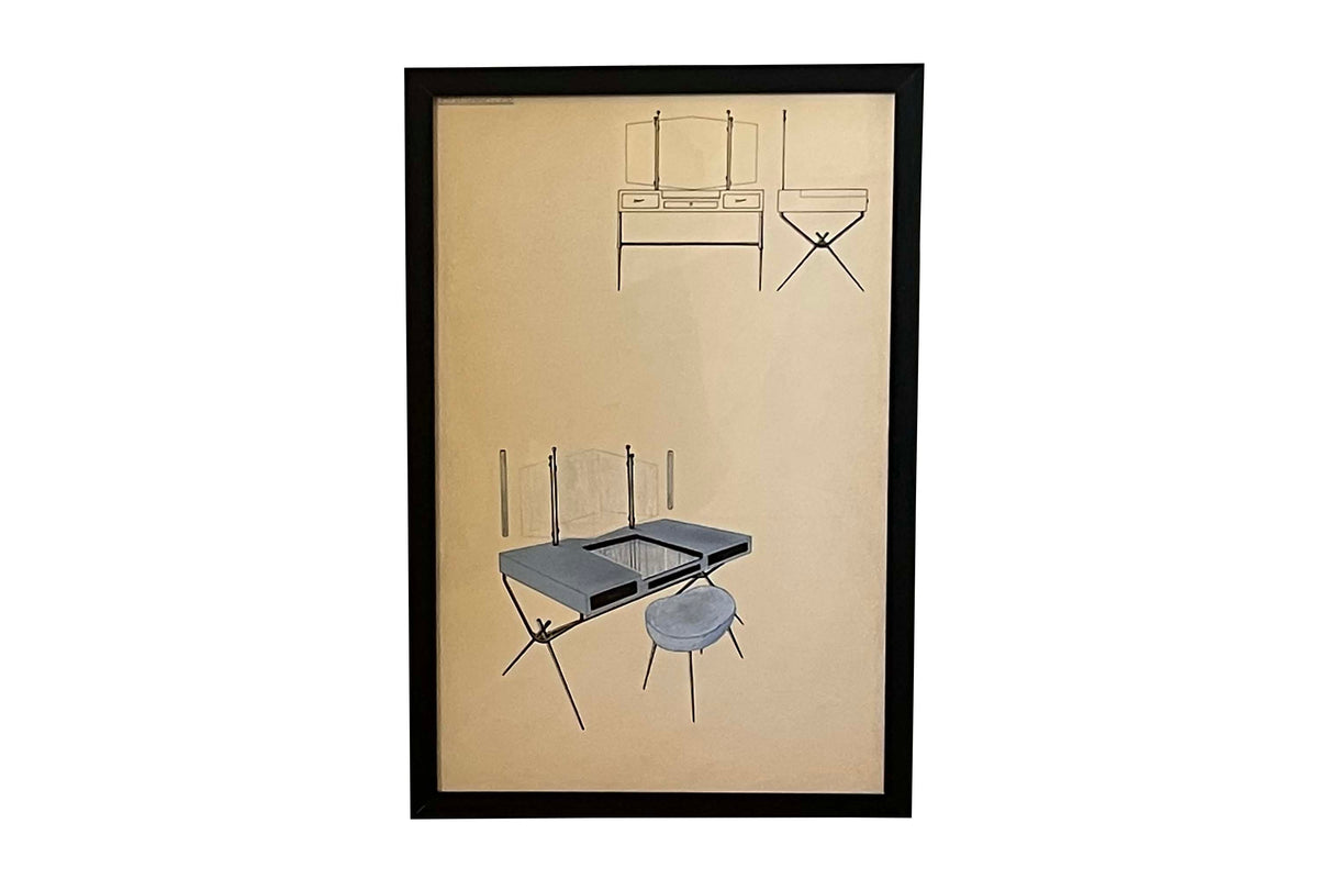 Collection of Eight Mid-Century Modern Interior & Furniture Design Watercolours by Anfossi