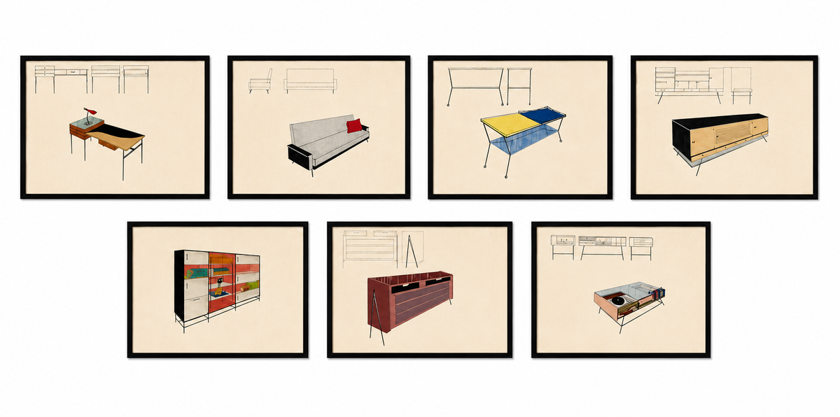 COLLECTION OF SEVEN MID-CENTURY MODERN INTERIOR AND FURNITURE DESIGNS BY ANFOSSI