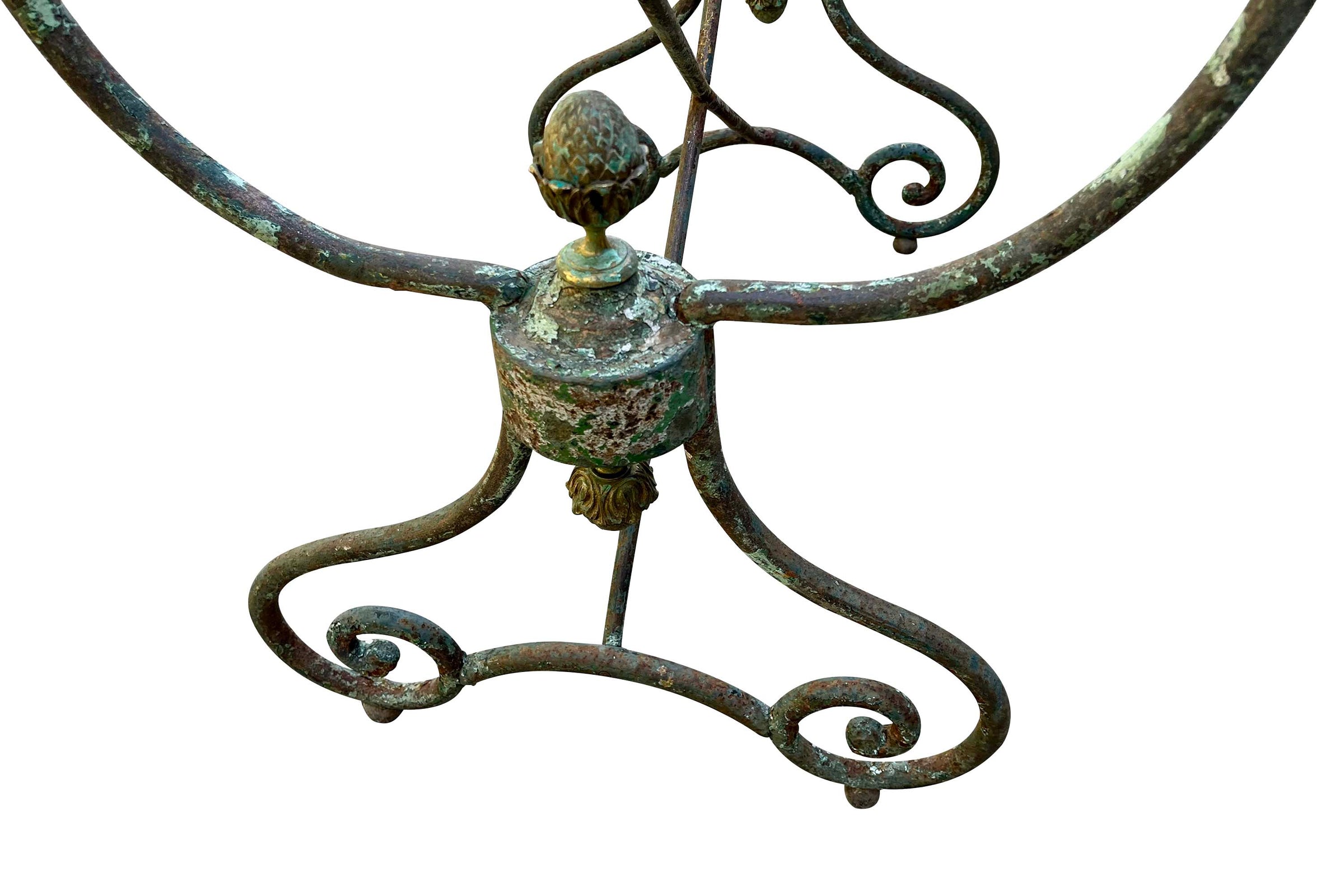 19th Century French Iron Presentation Table with Marble Top and Brass Acorn Finials
