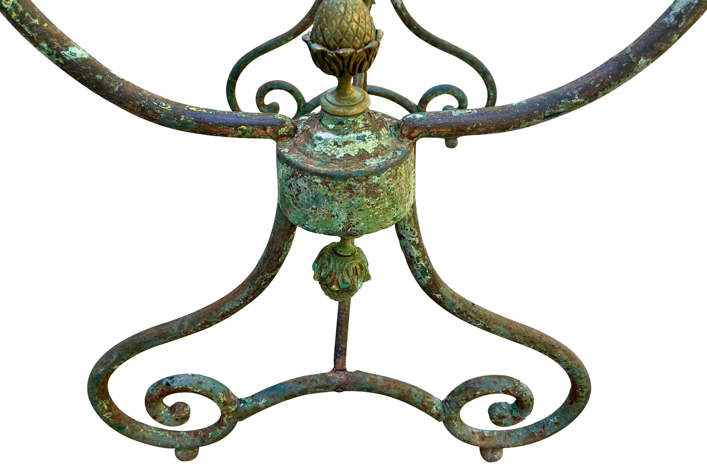 19th Century French Iron Presentation Table with Marble Top and Brass Acorn Finials