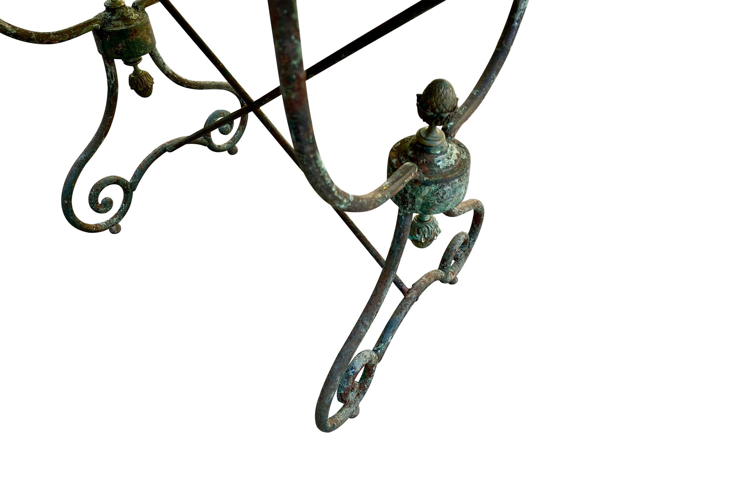 19th Century French Iron Presentation Table with Marble Top and Brass Acorn Finials