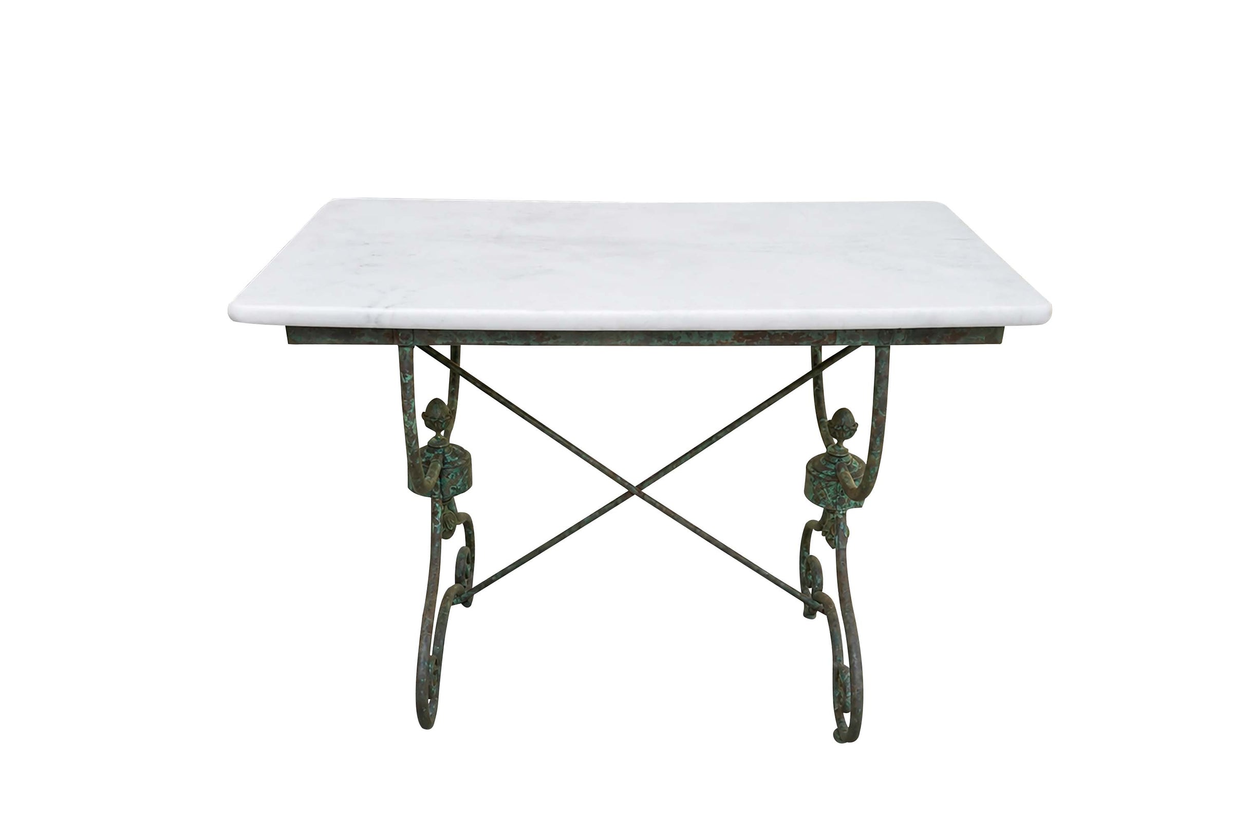 19th Century French Iron Presentation Table with Marble Top and Brass Acorn Finials