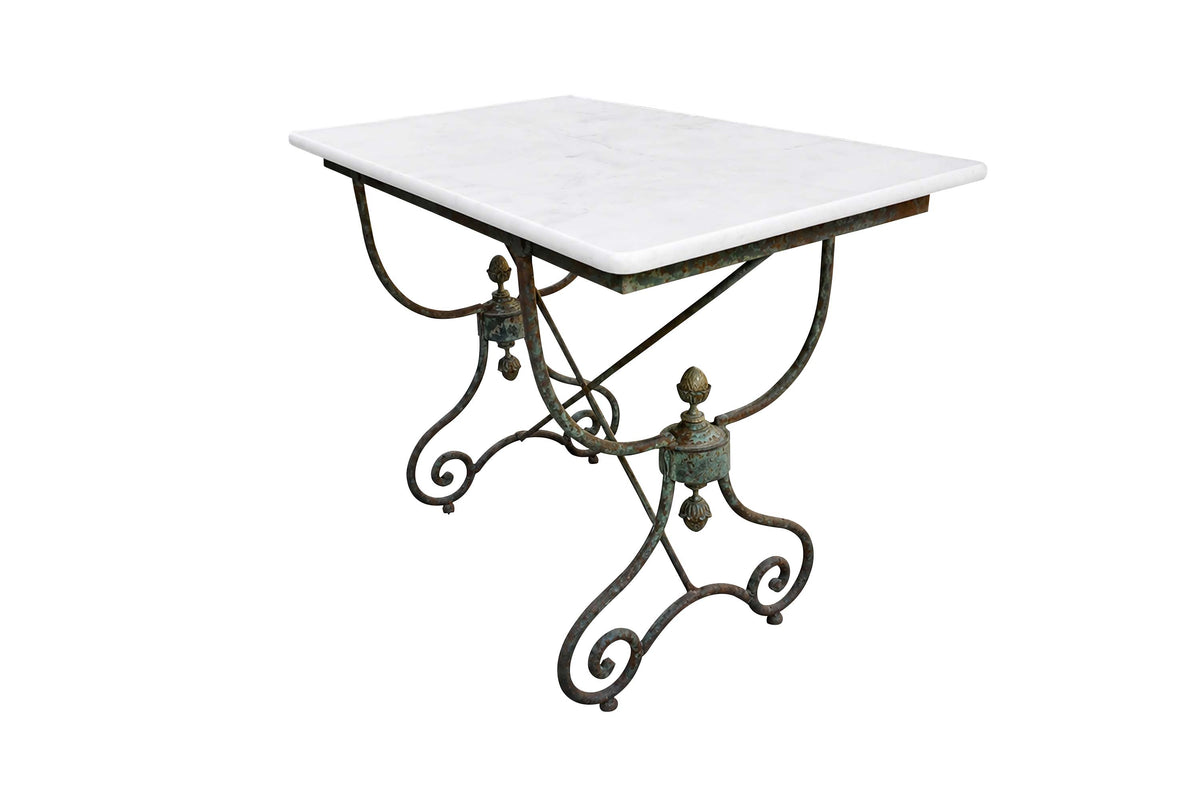 19th Century French Iron Presentation Table with Marble Top and Brass Acorn Finials