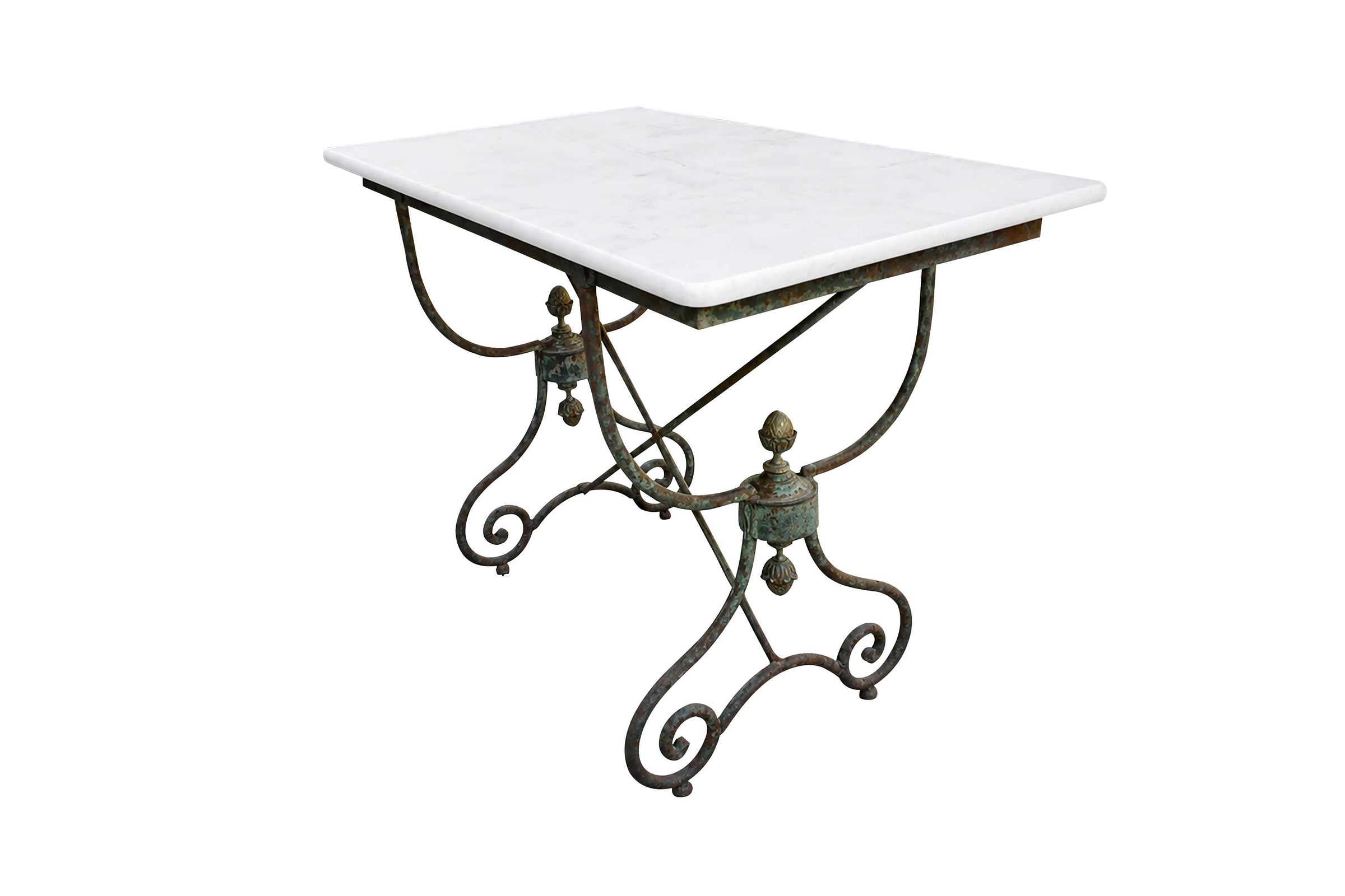 19th Century French Iron Presentation Table with Marble Top and Brass Acorn Finials