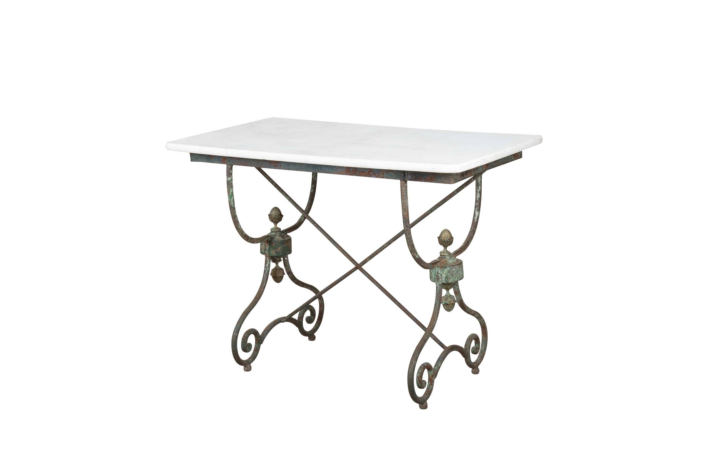 19th Century French Iron Presentation Table with Marble Top and Brass Acorn Finials