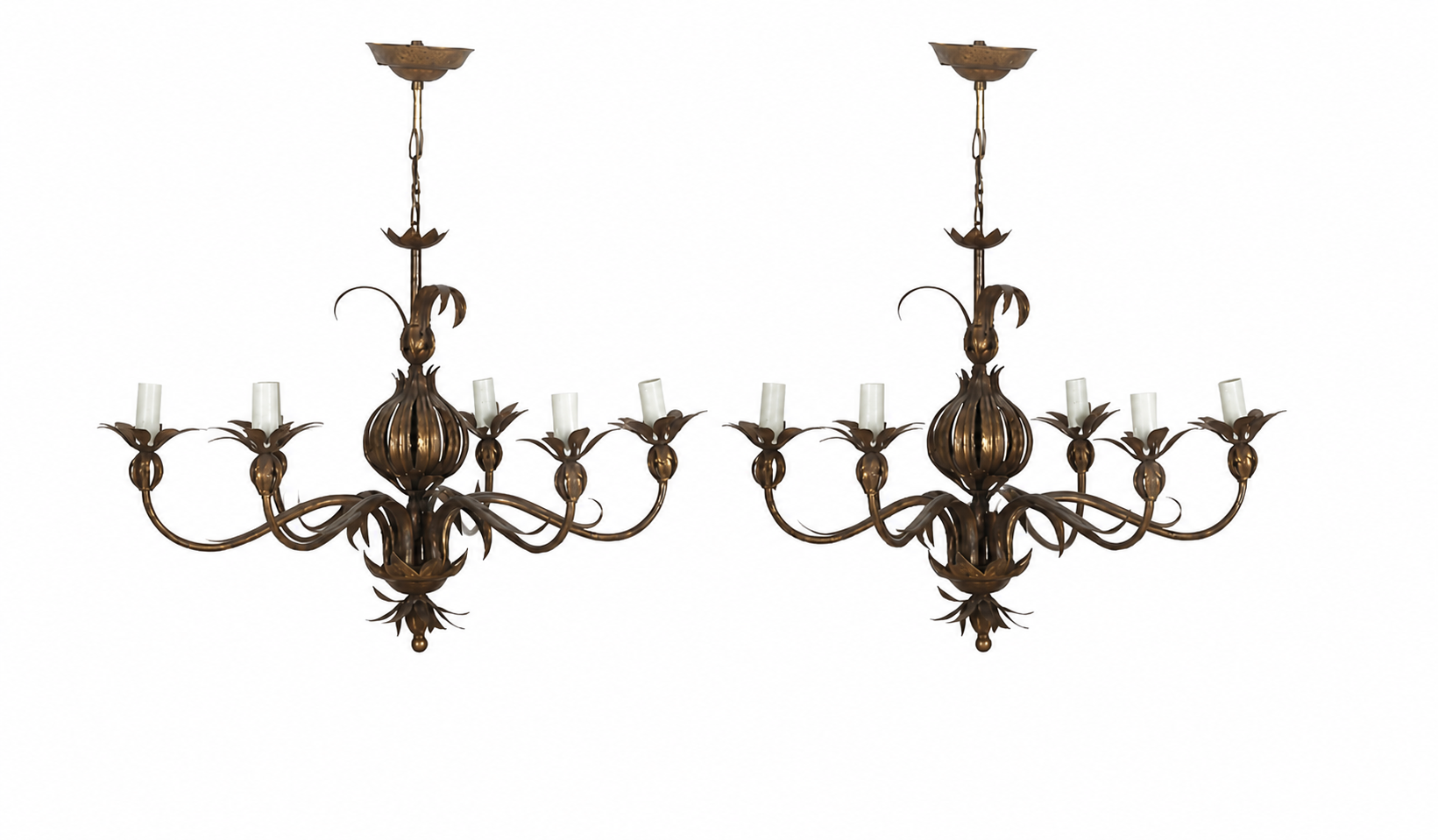 PAIR OF ITALIAN MID CENTURY GILT METAL POMEGRANATE CHANDELIERS