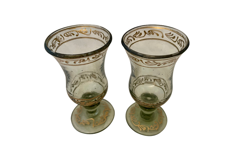 Pair of antique French hand blown glasses with applied gilt ornamentation - French antiques