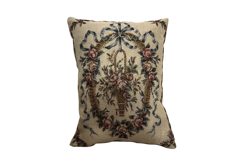 Antique cushion needlepoint tapestry 20th Century French Neo-Classical Revival featuring a classic floral basket motif with ribbon detailing. French Antiques