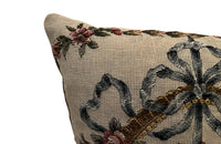 Antique cushion needlepoint tapestry 20th Century French Neo-Classical Revival featuring a classic floral basket motif with ribbon detailing. French Antiques
