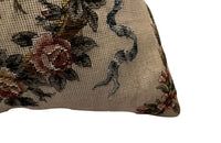 Antique cushion needlepoint tapestry 20th Century French Neo-Classical Revival featuring a classic floral basket motif with ribbon detailing. French Antiques