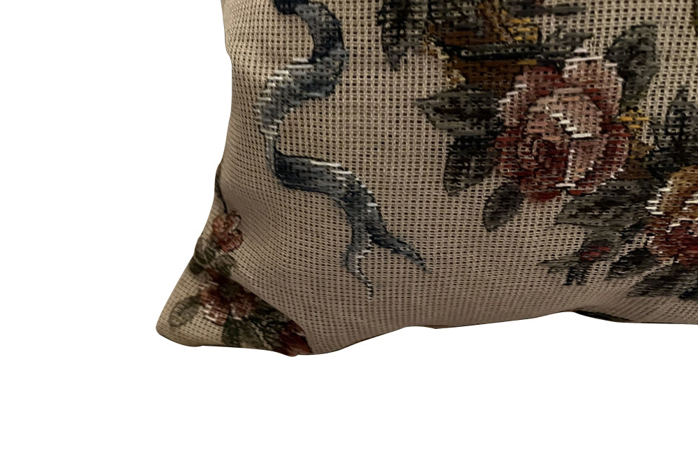 Antique cushion needlepoint tapestry 20th Century French Neo-Classical Revival featuring a classic floral basket motif with ribbon detailing. French Antiques