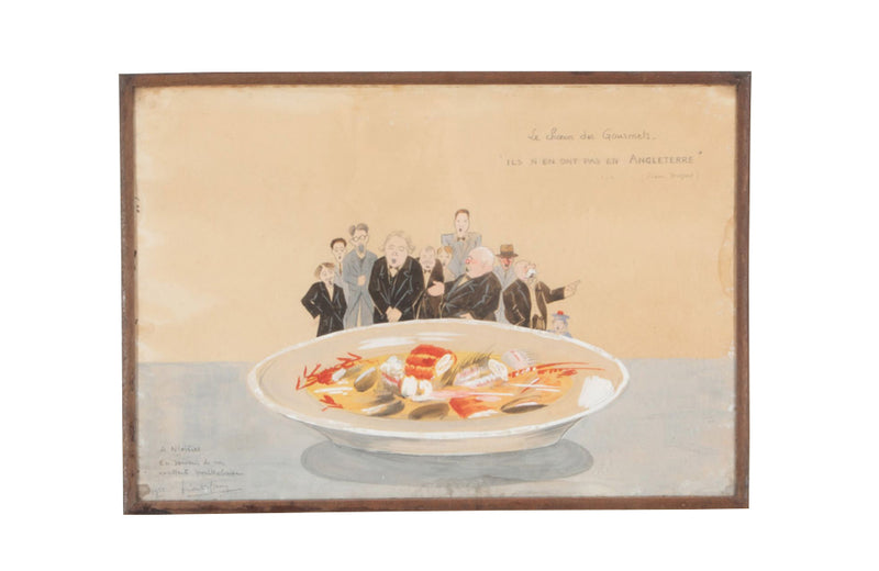 Amusing painted caricature of singing gentleman and a large dish of bouillabaise - French antiques