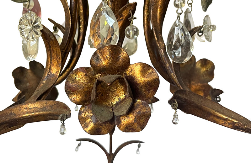 Antique chandelier gilt metal and wood with floral and foliate decoration - French Antique lighting