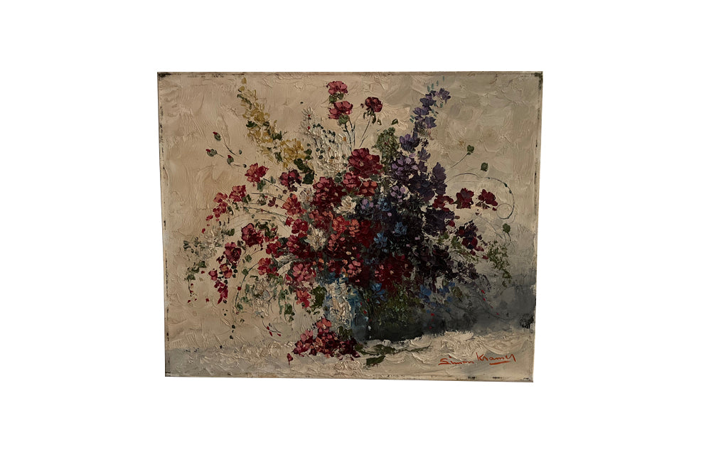 Antique oil painting still life 'Large Bouquet of Flowers In Vase' signed to the lower right by the artist Simon Kramer [Dutch 1940-2015]. 