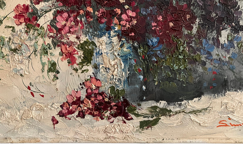 Antique oil painting still life 'Large Bouquet of Flowers In Vase' signed to the lower right by the artist Simon Kramer [Dutch 1940-2015].