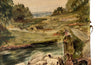 Antique oil painting of a shepherd with his dog and flock French