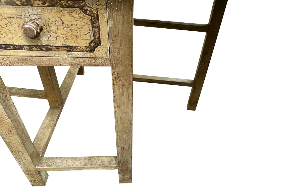 Antique table, painted, drop-leaf, Italian. hand-painted top decorated in scrolling foliate and floral motifs in warm ochre, green, lavender and terracotta tones.