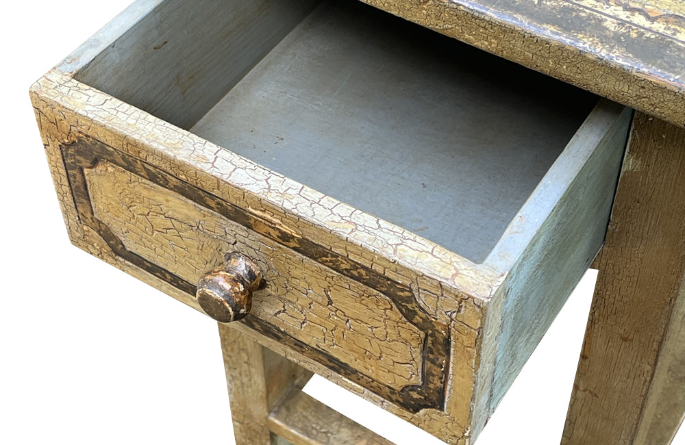Antique table, painted, drop-leaf, Italian. hand-painted top decorated in scrolling foliate and floral motifs in warm ochre, green, lavender and terracotta tones.
