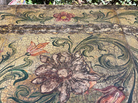 Antique table, painted, drop-leaf, Italian. hand-painted top decorated in scrolling foliate and floral motifs in warm ochre, green, lavender and terracotta tones.