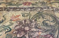 Antique table, painted, drop-leaf, Italian. hand-painted top decorated in scrolling foliate and floral motifs in warm ochre, green, lavender and terracotta tones.