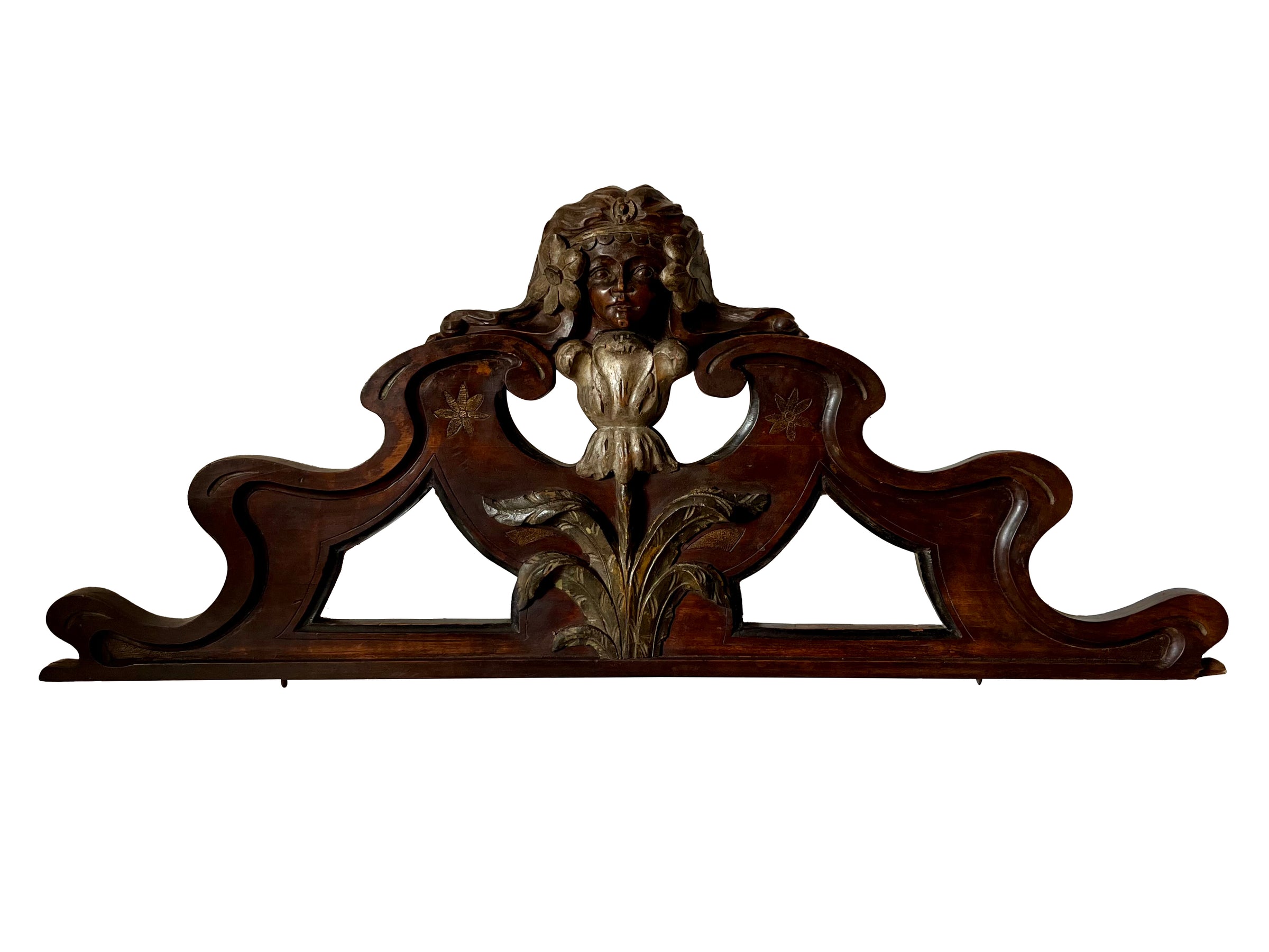 19th century Art Nouveau fronton carved with a female head with headband and flowers above a flowering leafed stem - French antiques