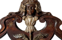 19th century Art Nouveau fronton carved with a female head with headband and flowers above a flowering leafed stem - French antiques