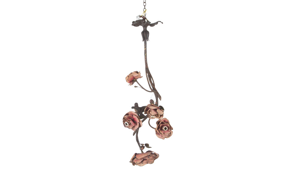 Beautiful Art Nouveau brass and tole chandelier in the form of an hanging branch ornamented with large tole roses and bird