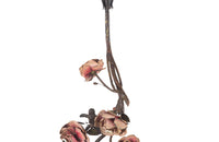 Beautiful Art Nouveau brass and tole chandelier in the form of an hanging branch ornamented with large tole roses and bird