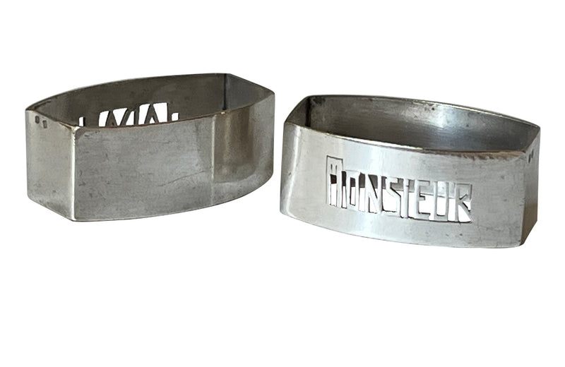 Pair of art deco silver plate napkin rings madame & monsieur - French antiques
