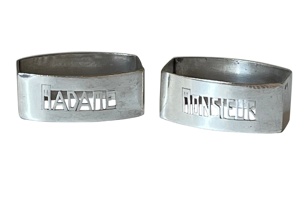 Pair of art deco silver plate napkin rings madame & monsieur - French antiques