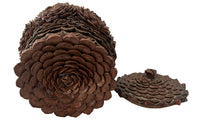 Antique Art Populaire wooden lidded jar covered in pine come flowers. French antiques.