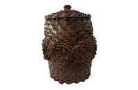 Antique Art Populaire wooden lidded jar covered in pine come flowers. French antiques.