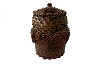 Antique Art Populaire wooden lidded jar covered in pine come flowers. French antiques.